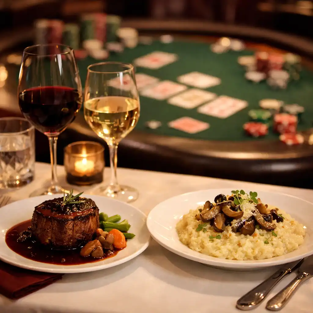 Plats raffinés du Salon Vermeil avec une table de poker en arrière-plan flou