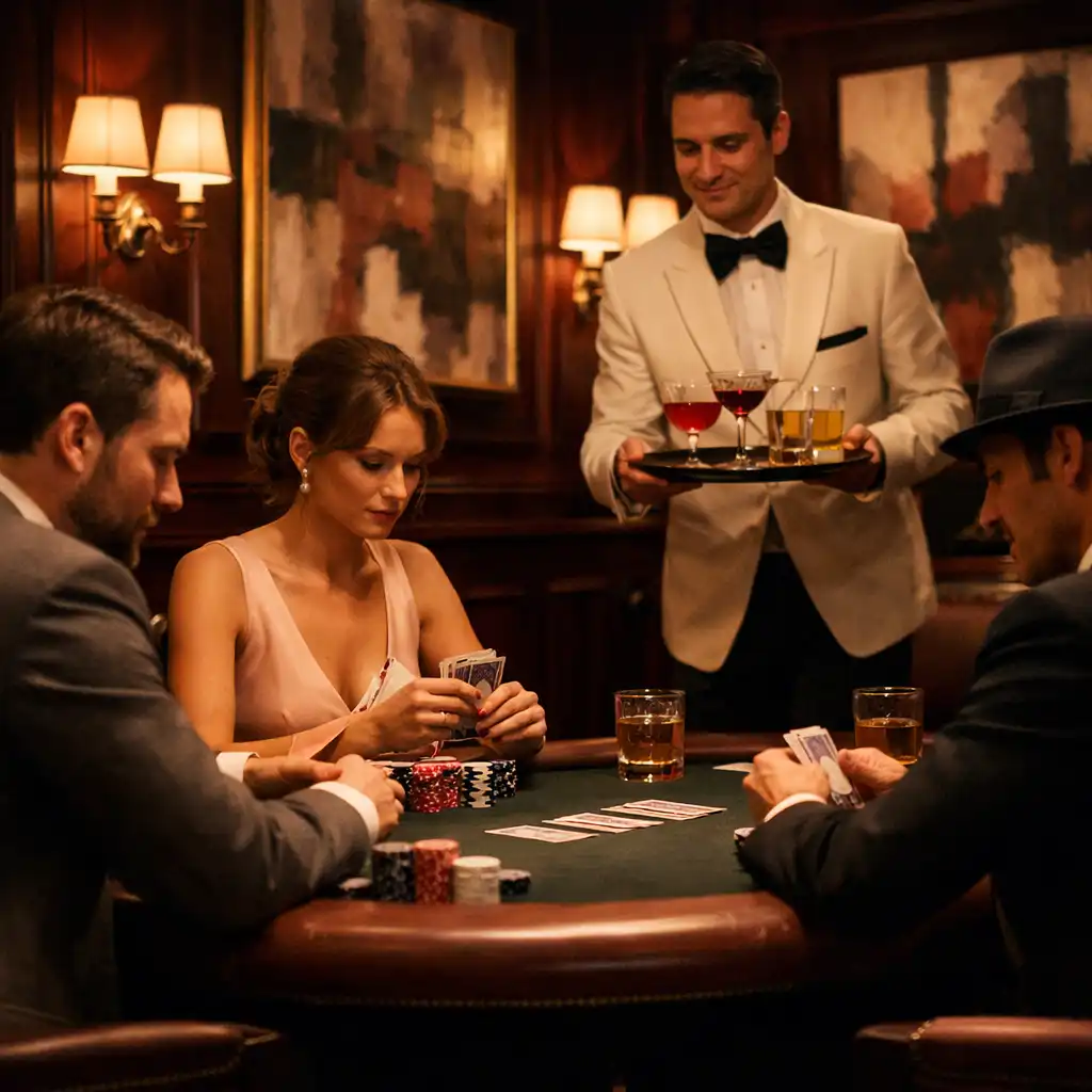 Joueurs élégamment vêtus autour d’une table de poker dans la card room feutrée de Salon Vermeil