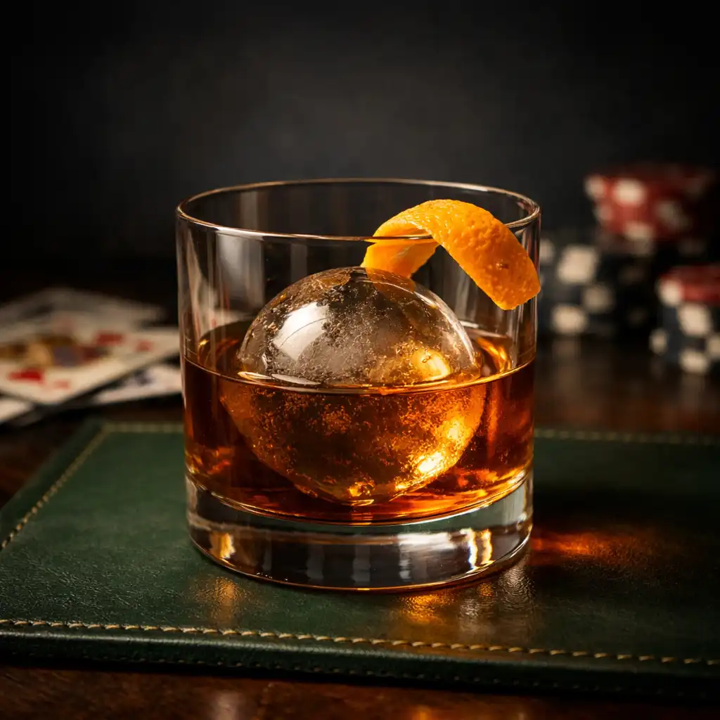 Cocktail signature du Salon Vermeil posé sur un sous-main en cuir avec des cartes à jouer floutées