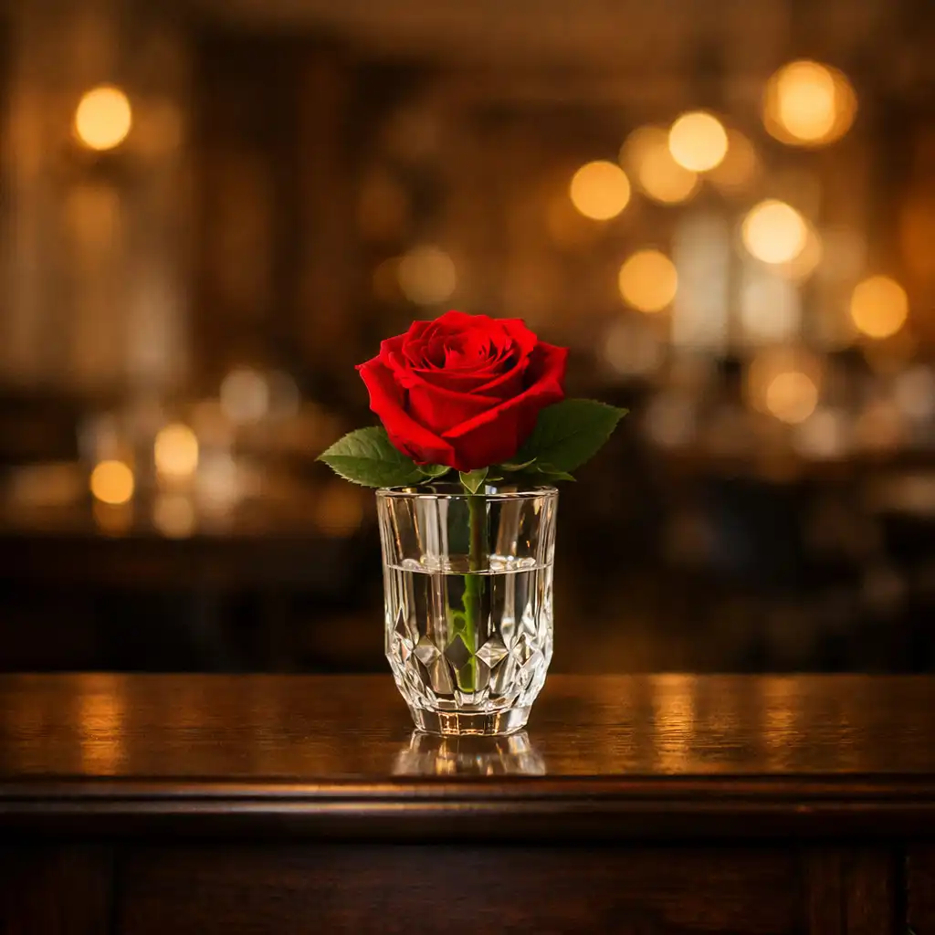 Détail de décoration : vase en cristal avec une rose rouge sur une console en bois sombre
