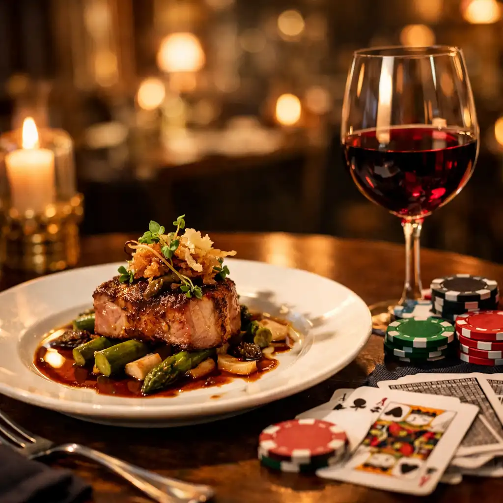 Table de restaurant avec un dîner raffiné, un verre de vin rouge et des jetons de poker
