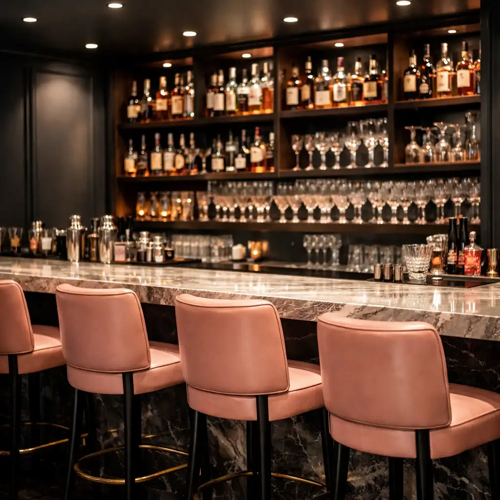 Comptoir de bar en marbre avec tabourets hauts, bouteilles et verres à cocktail