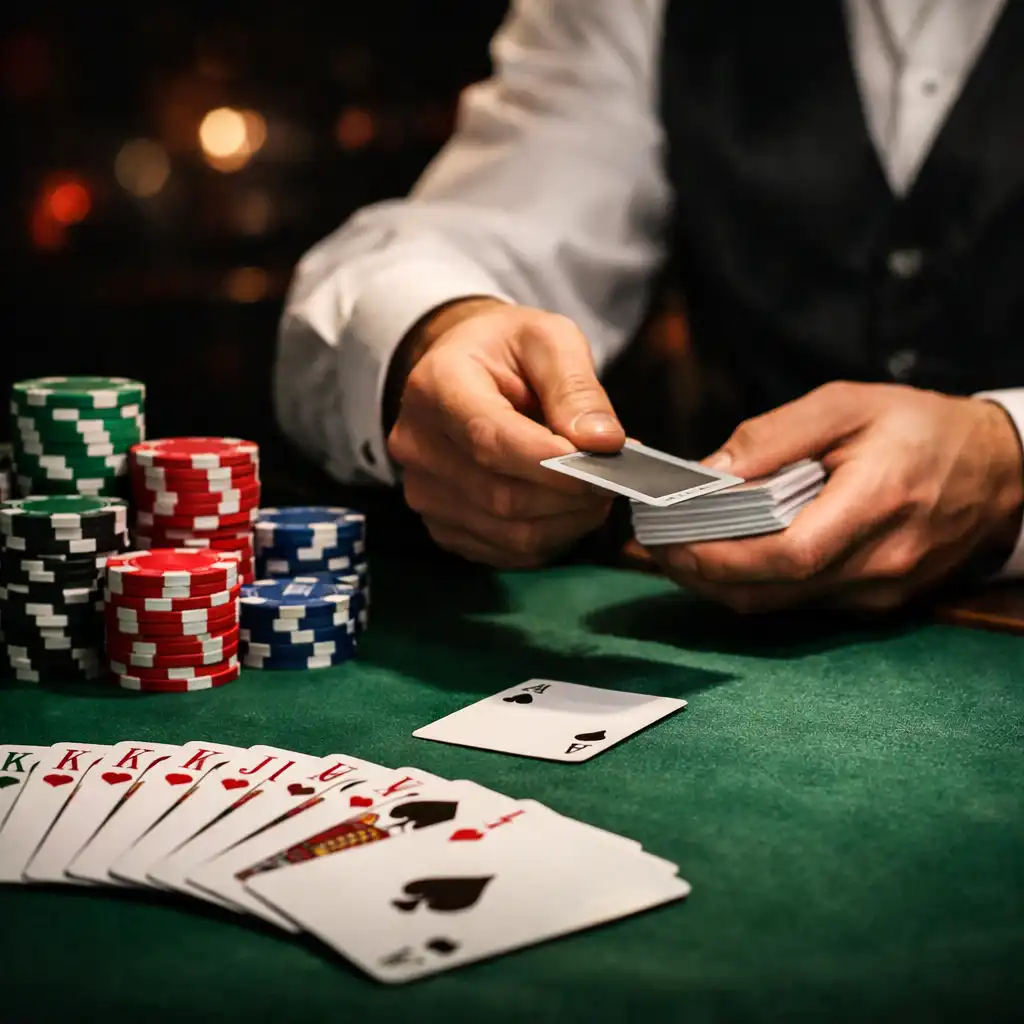 Gros plan sur une table de poker professionnelle avec jetons, cartes et mains d'un dealer