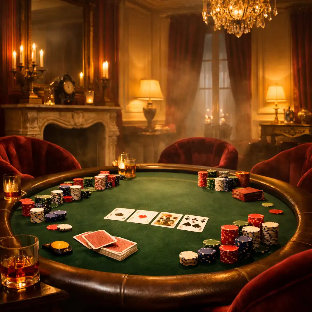Table de poker élégante dans un salon parisien feutré, avec jetons, cartes et fauteuils en velours bordeaux