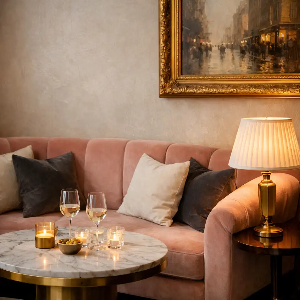 Coin salon avec canapé en velours rose poudré, table basse en marbre et lumière douce