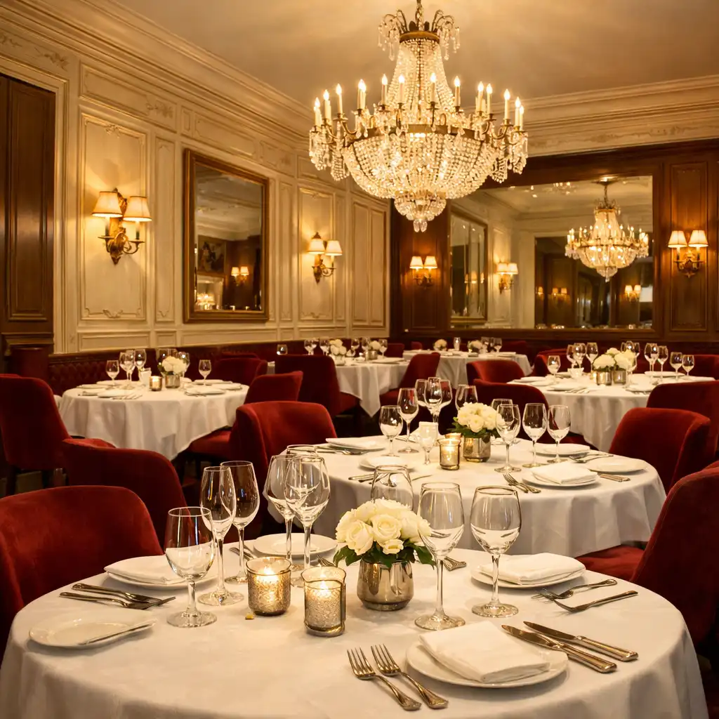 Salle de restaurant élégante avec tables nappées, couverts en argent et lustre en cristal
