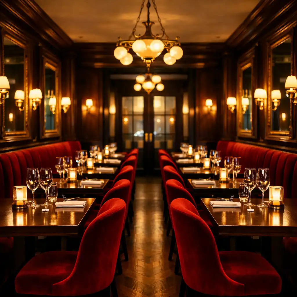 Salle de restaurant parisienne élégante avec tables en bois sombre et chaises en velours vermeil