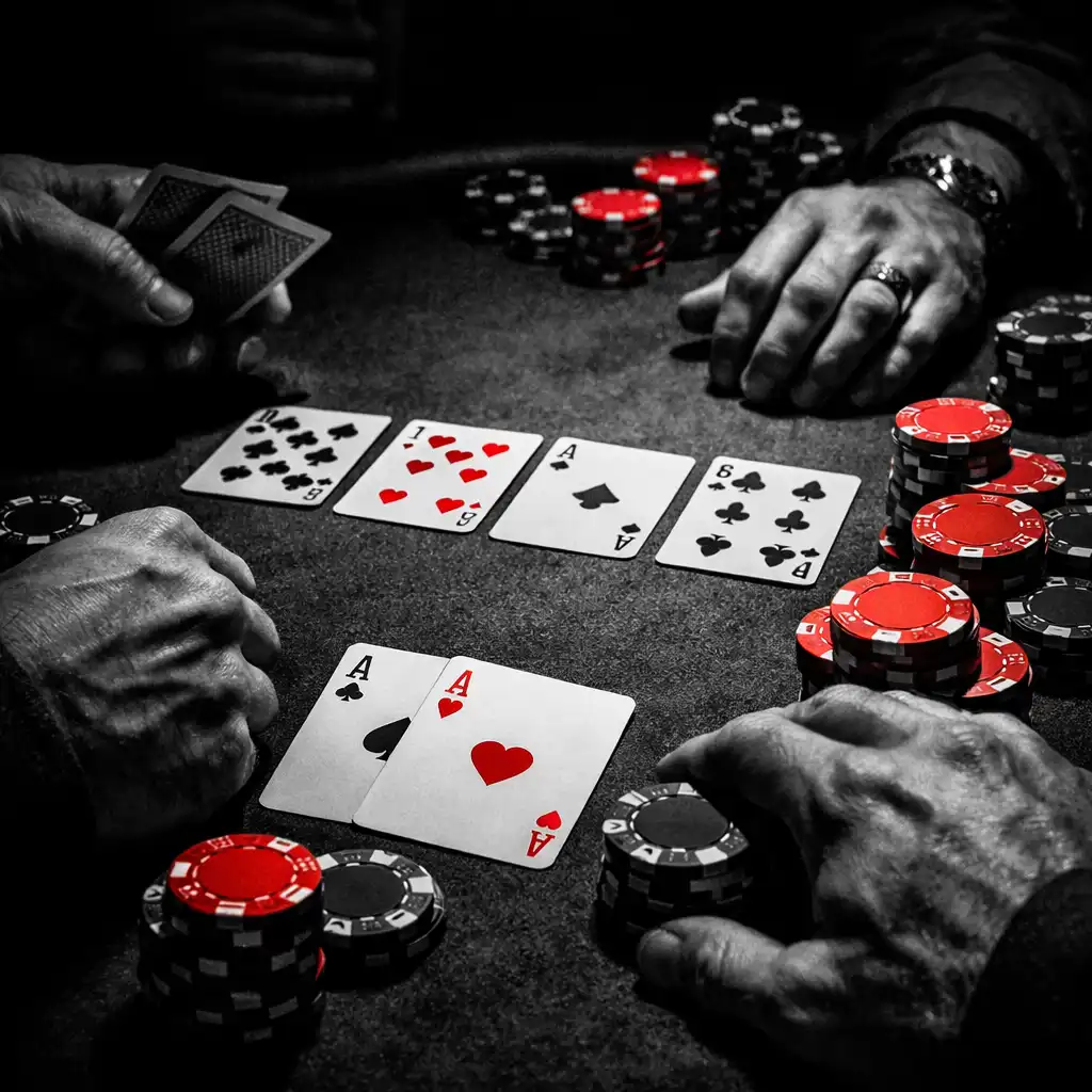Mains de joueurs autour d'une table de poker avec cartes et jetons