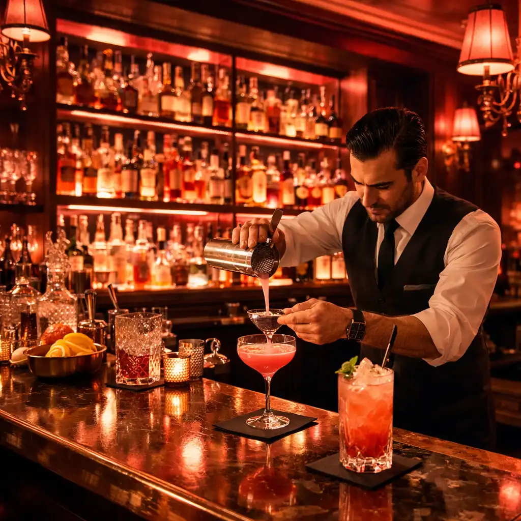 Bar à cocktails élégant avec bouteilles rétroéclairées et barman préparant un cocktail