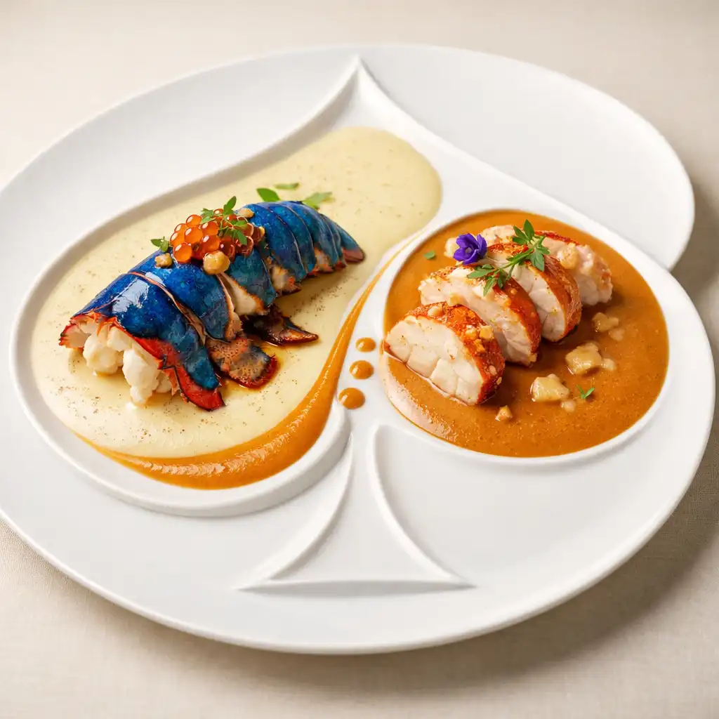 Homard en deux services, beurre blanc au champagne et bisque onctueuse