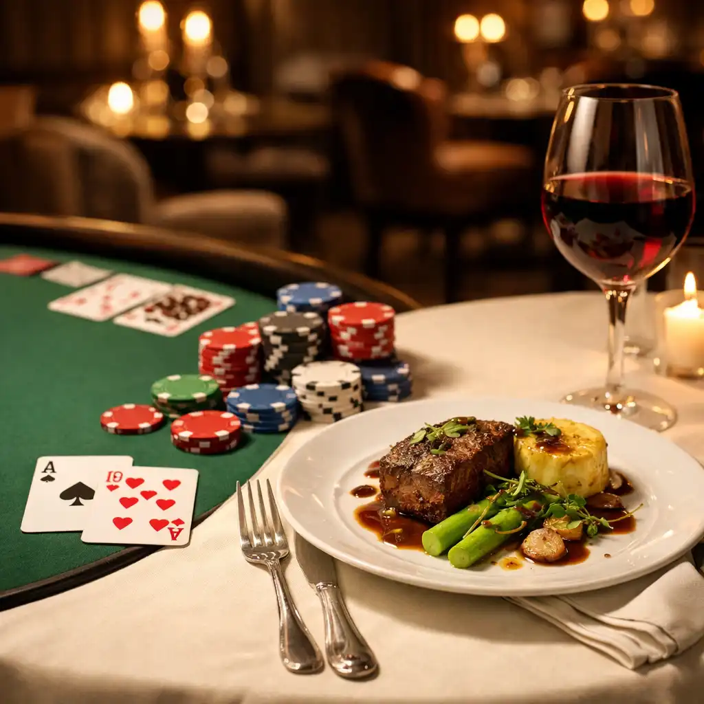 Scène d’une soirée combinant poker et gastronomie avec une table de poker élégante, des cartes, des jetons et une assiette raffinée