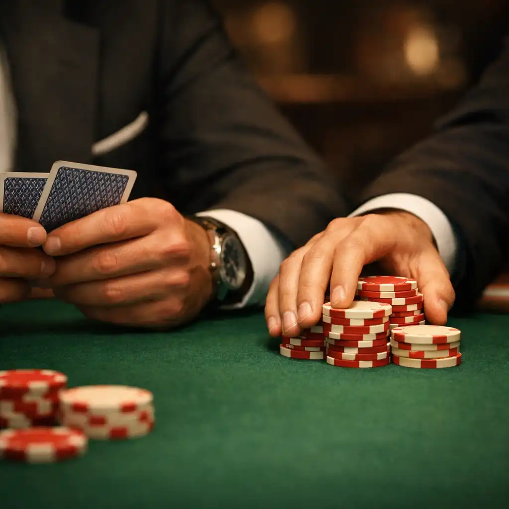 Gros plan sur les mains de deux joueurs à une table de poker, l’un tenant des cartes et l’autre poussant une pile de jetons en céramique rouge et ivoire