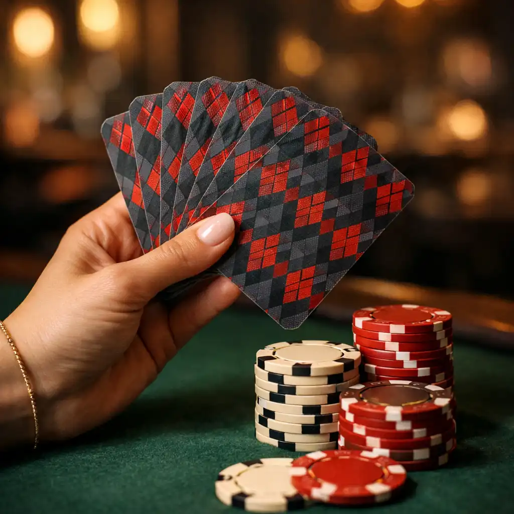 Cartes à jouer et jetons de poker sur une table du Poker Salon