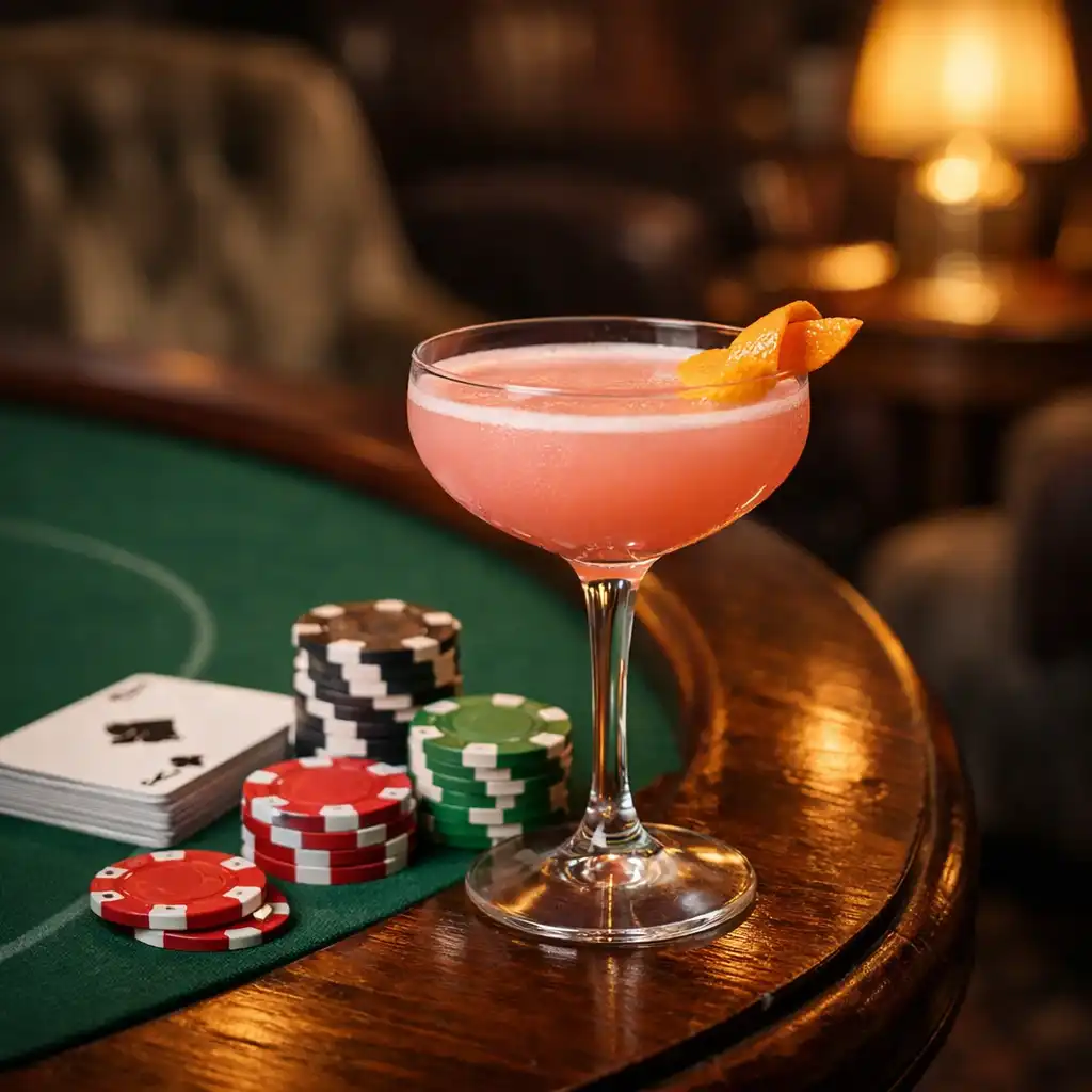 Cocktail signature posé sur une table de poker au Salon Vermeil