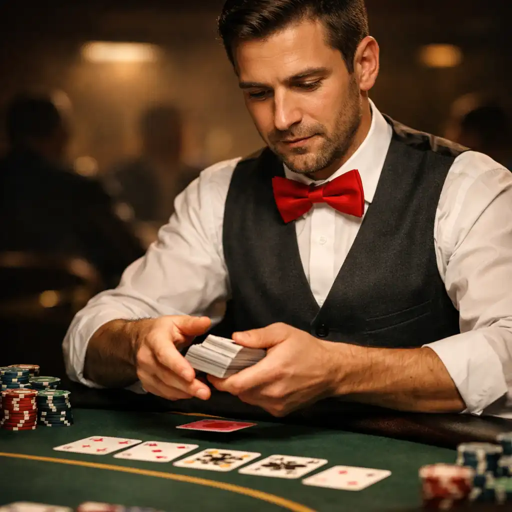 Dealer professionnel distribuant des cartes au Poker Salon