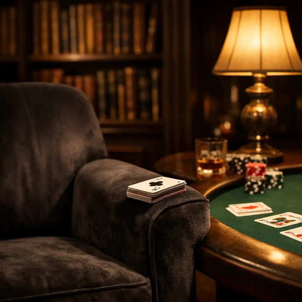 Fauteuil en velours anthracite à côté d'une table de poker