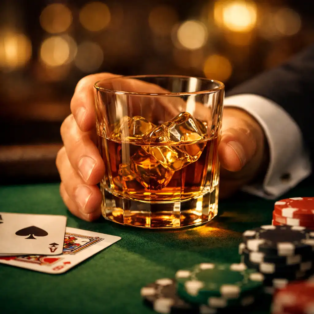 Verre de whisky posé sur une table de poker avec cartes et jetons