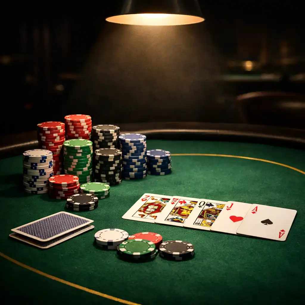 Table de poker professionnelle en feutre vert foncé avec jetons et cartes