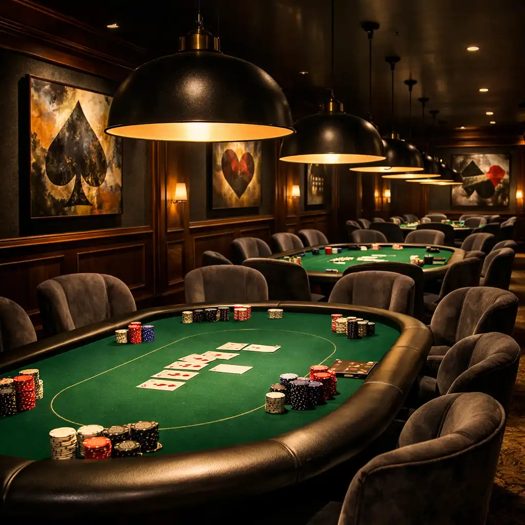 Vue d'ensemble du Poker Salon avec ses tables de poker alignées