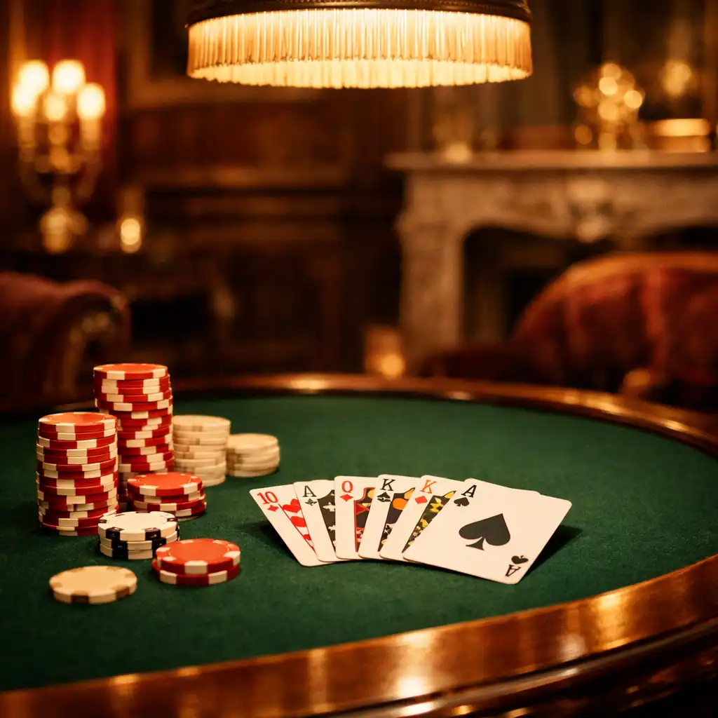 Gros plan sur une table de poker élégante avec cartes et jetons dans un salon parisien feutré