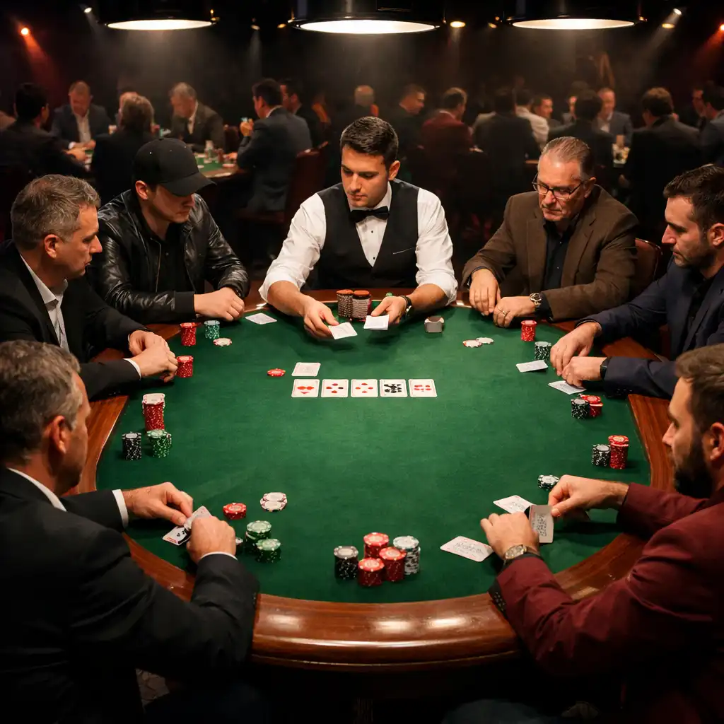 Vue d’une table de poker lors d’un tournoi avec plusieurs joueurs concentrés et un dealer distribuant les cartes