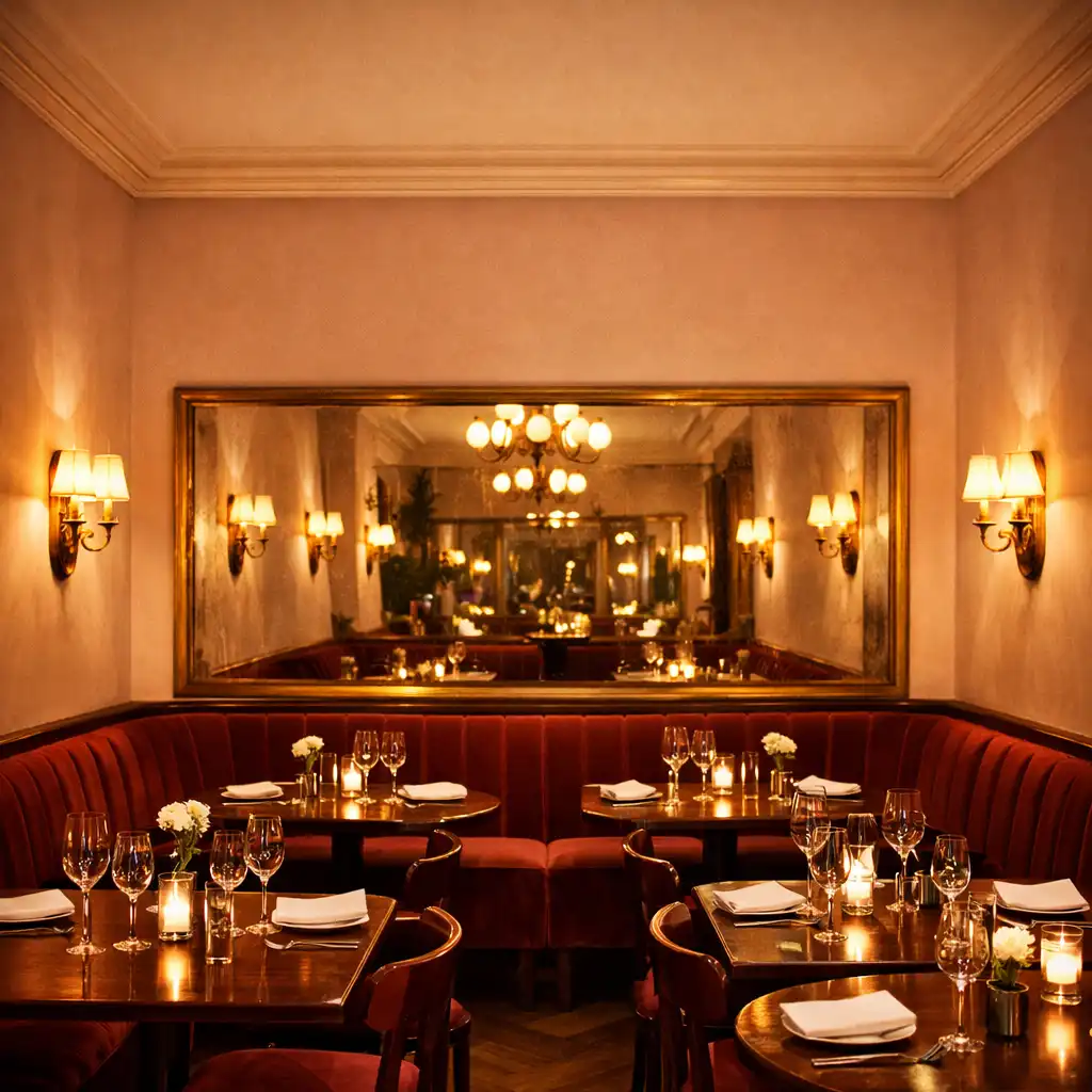 Vue d'ensemble du restaurant Salon Vermeil, murs rose poudré, banquettes en velours vermeil et éclairage tamisé
