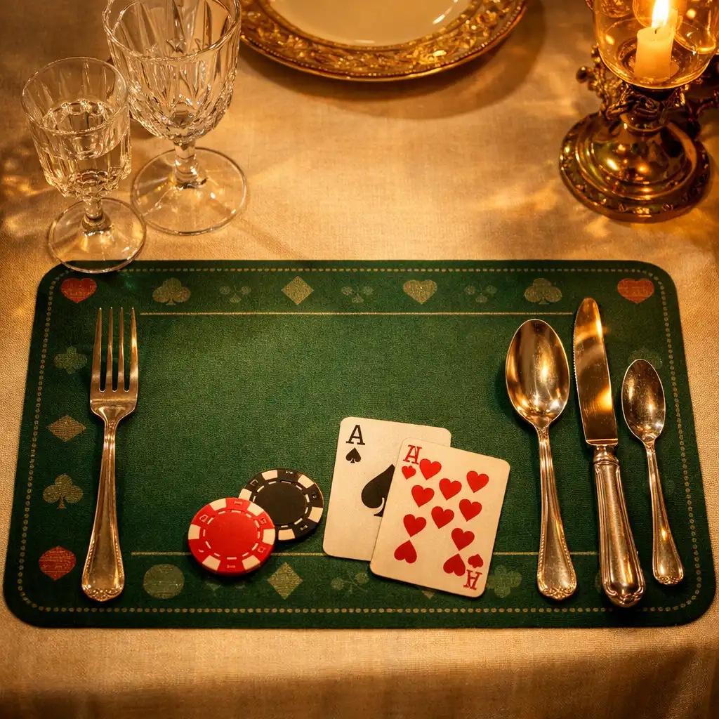 Détail d'une table dressée au Salon Vermeil, nappe en lin ivoire, couverts en argent et verres en cristal