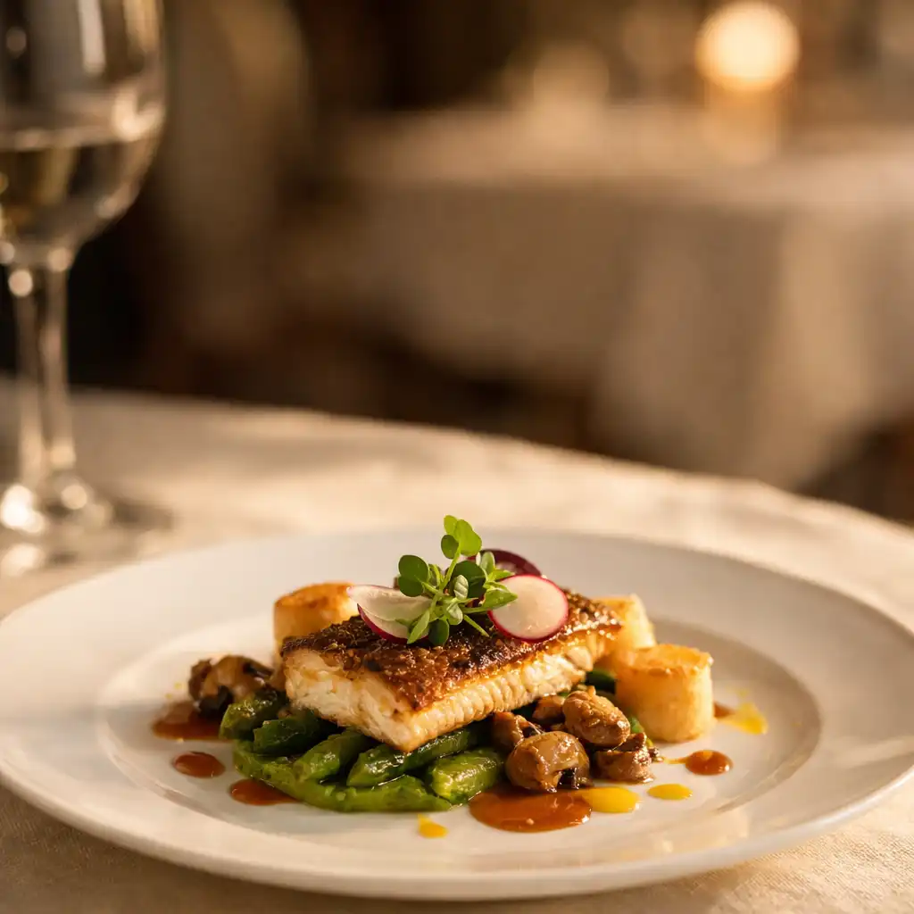 Plat gastronomique français dressé avec art sur une assiette en porcelaine blanche