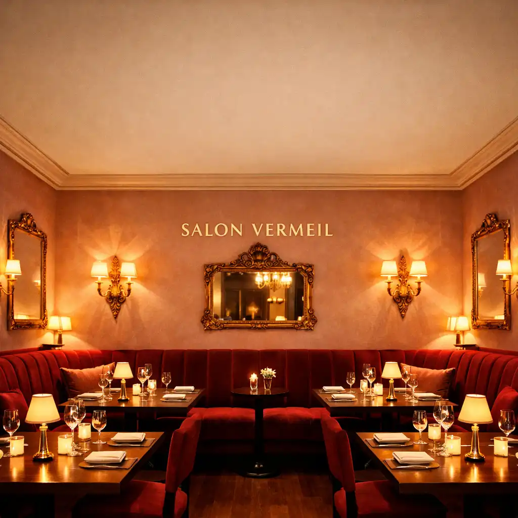 Vue de la salle du restaurant Salon Vermeil, murs rose poudré et vermeil, banquettes en velours
