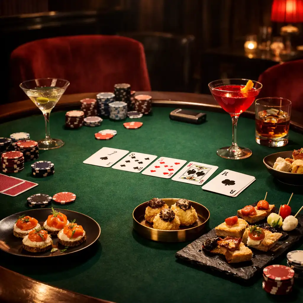Table de poker avec des verres de cocktail et des amuse-bouches élégants au Salon Vermeil