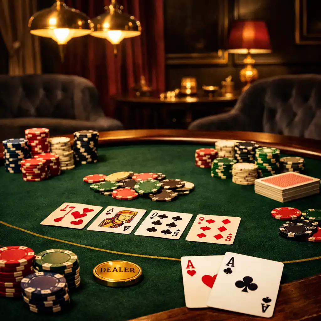 Table de poker Texas Hold’em dans le card room élégant de Salon Vermeil